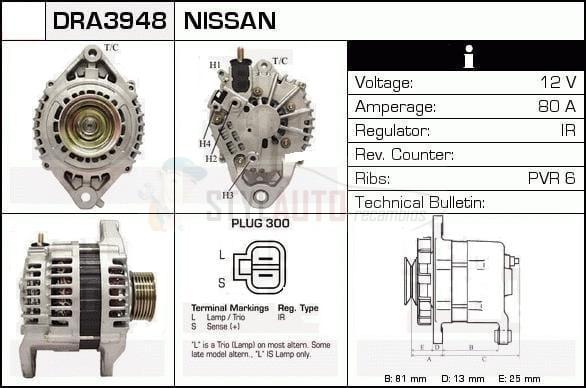 Alternador Nissan, 23100-3M200, 23100-BU010, JA1607IR, LR180-751, LR180-762