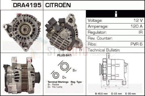 Alternador Citroen, Peugeot 9623727980, A3TA6491, A3TB0891, CA1646IR, SG12S055